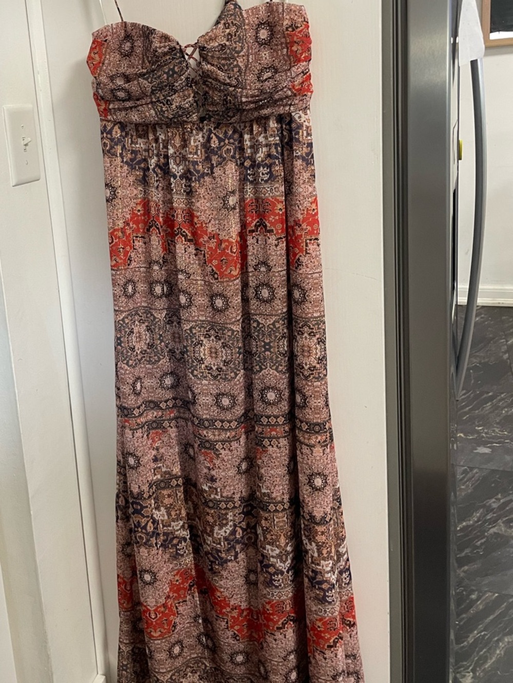 TJD The Jetset Diaries Brown Gold Don't Stop Me Now halter chiffon maxi dress